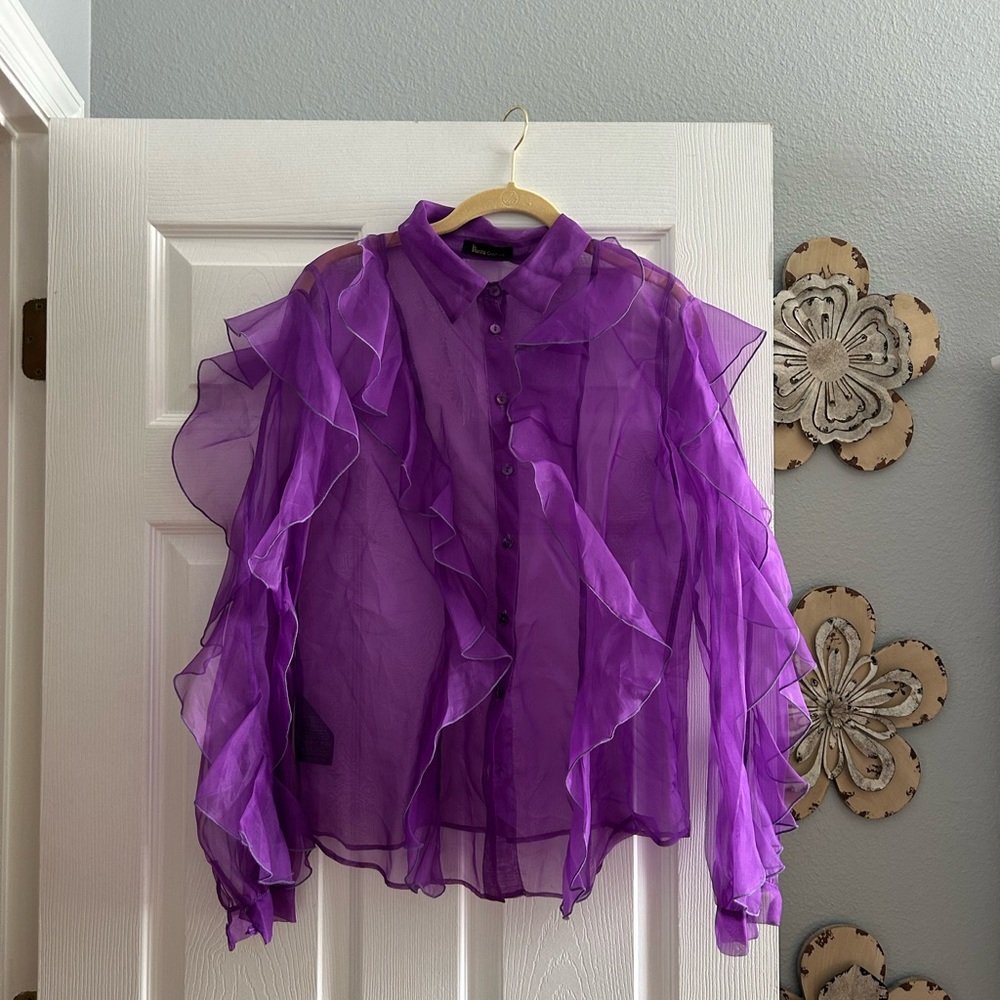 Sheer Ruffle Button-Down Blouse - Purple